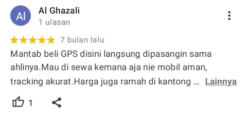 Ulasan Google Maps dari Al Ghazali, bintang 5: Mantab beli GPS disini langsung dipasangin sama ahlinya. Mau di sewa kemana aja nie mobil aman, tracking akurat. Harga juga ramah di kantong.