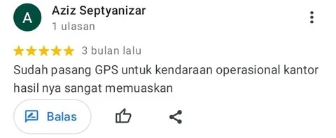Ulasan Google Maps dari Aziz Septyanizar, bintang 5: Sudah pasang GPS untuk kendaraan operasional kantor hasilnya sangat memuaskan.