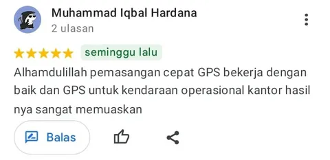 Ulasan Google Maps dari Muhammad Iqbal Hardana, bintang 5: Alhamdulillah pemasangan cepat GPS bekerja dengan baik dan GPS untuk kendaraan operasional kantor hasilnya sangat memuaskan.